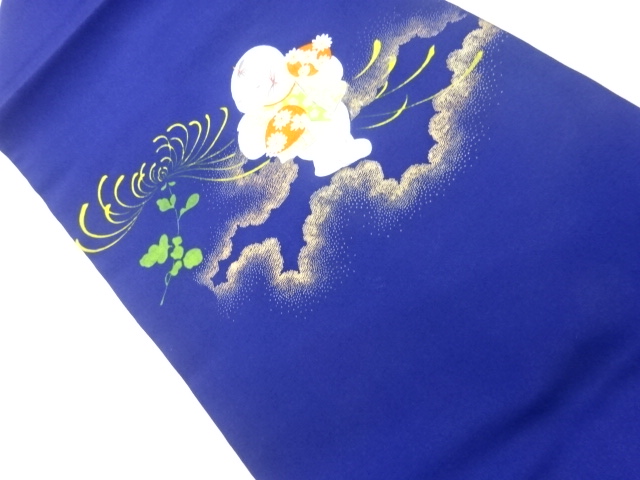 リサイクル　塩瀬金彩手描き童子に雲・花模様名古屋帯